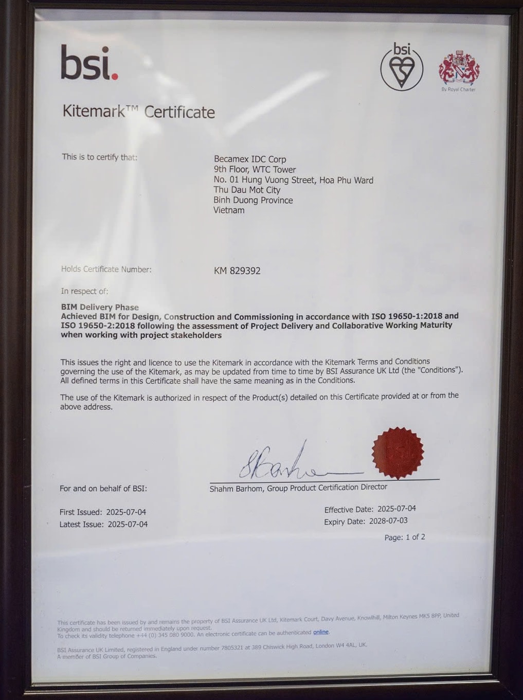 Chứng nhận BSI Kitemark theo tiêu chuẩn ISO 19650 về việc áp dụng Mô hình Thông tin Công trình (BIM)