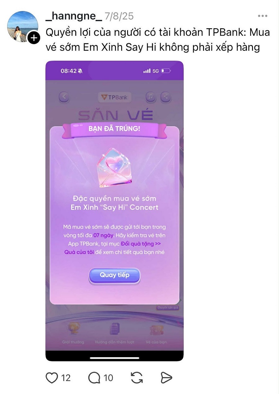 Chỉ với vài thao tác trên App TPBank, khách hàng đã có thể tham gia quay số và “ẵm” ngay cơ hội sở hữu tấm vé concert Em Xinh “Say Hi” miễn phí