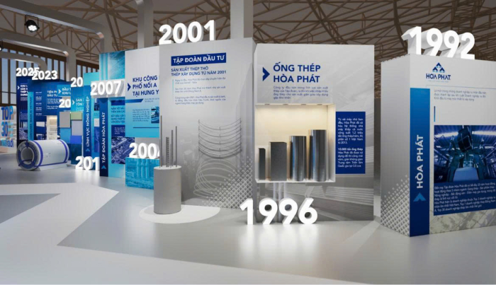 Gian hàng Hòa Phát ở vị trí sảnh 2-(kí hiệu H2-029), trưng bày những thành tựu tiêu biểu, những sản phẩm thép chính của Tập đoàn. Ảnh: HPG