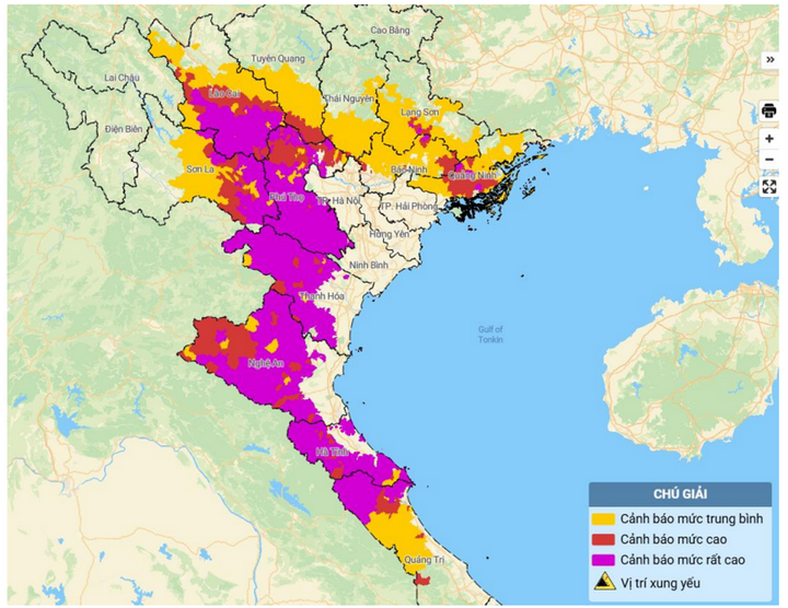 Bản đồ nguy cơ lũ quét, sạt lở đất đá trên các khu vực.