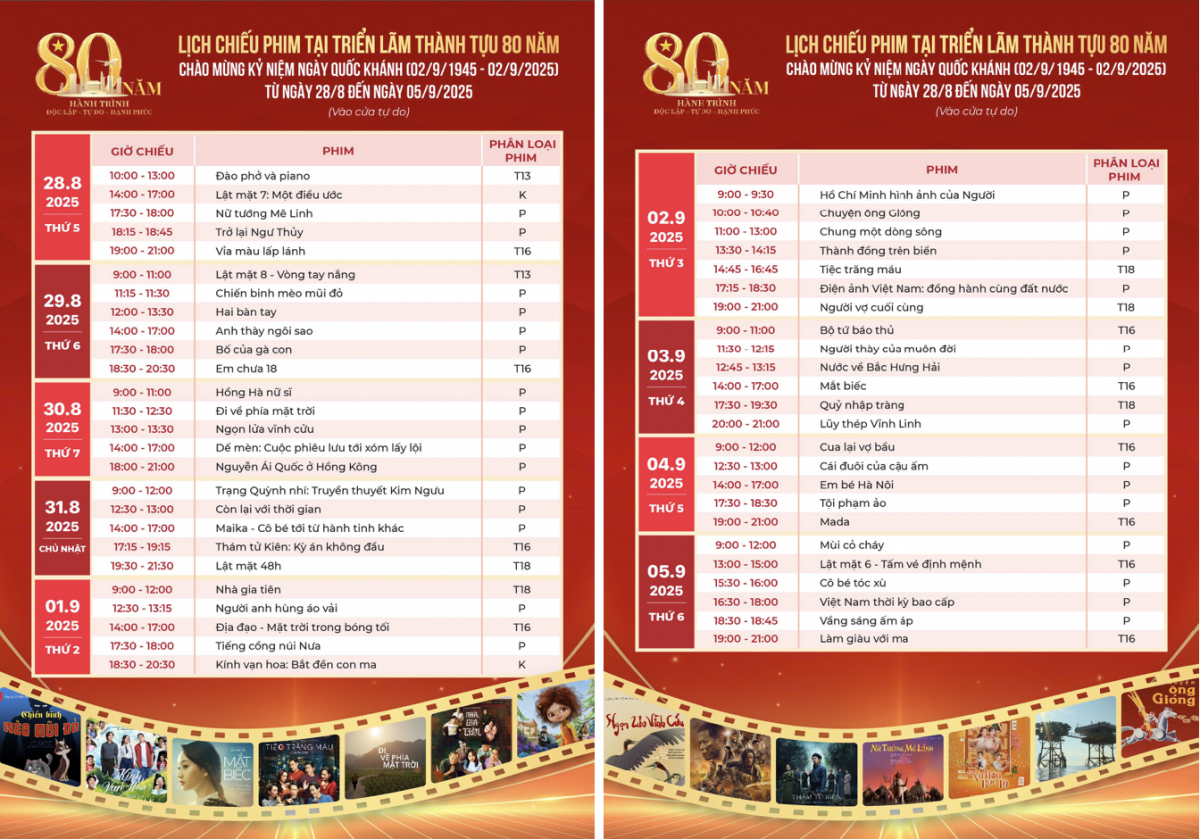 Lịch chiếu phim miễn phí tại Triển lãm Thành tựu kinh tế - xã hội nhân kỷ niệm 80 năm Quốc khánh tại Trung tâm Hội chợ triển lãm quốc gia.