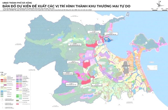 Bản đồ dự kiến các vị trí xây dựng Khu thương mại tự do Đà Nẵng.