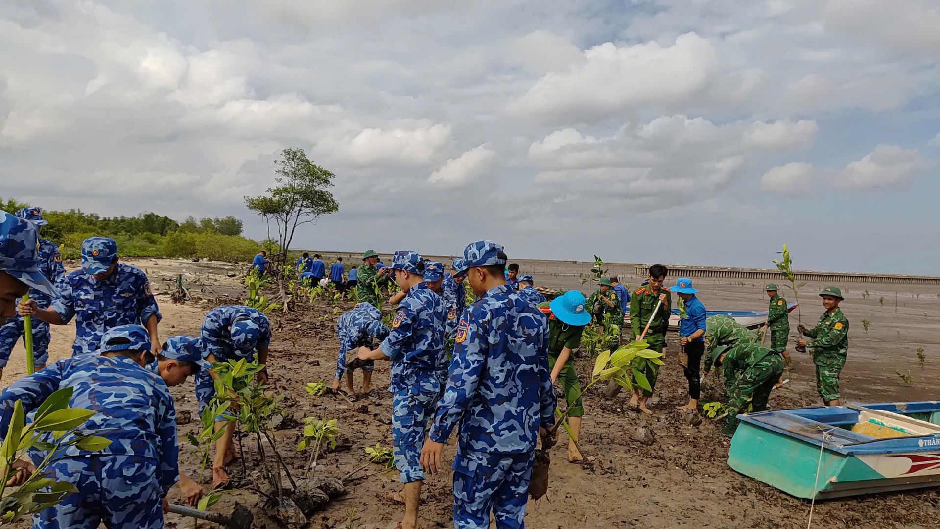 Đoàn viên thanh niên Hải đoàn 42 cùng Đoàn xã Phan Ngọc Hiển tiến hành trồng cây ngăn xói lở, chống xâm nhập mặn bờ biển
