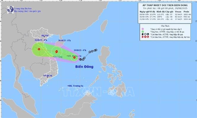 Hướng di chuyển của áp thấp nhiệt đới trên biển Đông lúc 8 giờ ngày 29/8. Ảnh: TTXVN phát