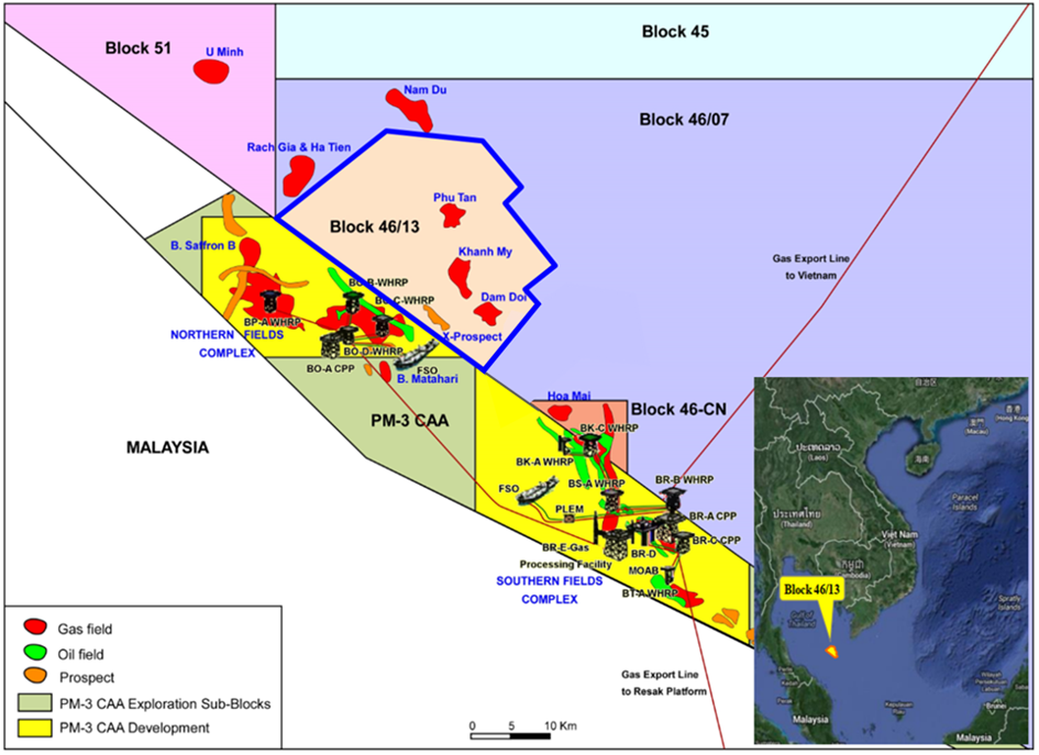 Sơ đồ phát triển mỏ Khánh Mỹ - Đầm Dơi (Lô 46/13) và Lô PM3 CAA