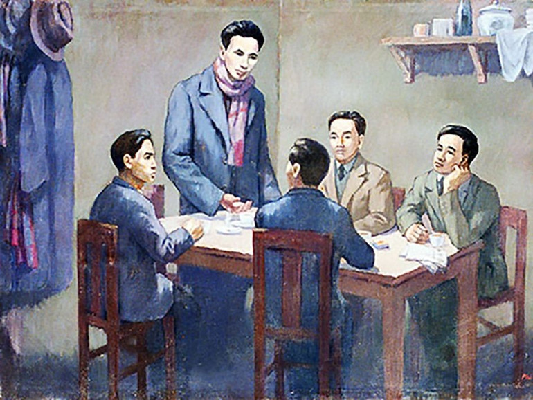 Hội nghị thành lập Đảng Cộng sản Việt Nam ngày 3/2/1930. (Ảnh chụp lại tranh của họa sĩ Phi Hoanh tại Bảo tàng Lịch sử quốc gia)