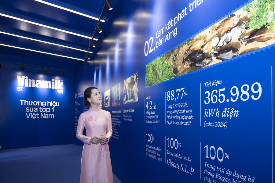 Không chỉ là nơi trưng bày sản phẩm, Vinamilk còn lồng ghép các thông tin về hành trình phát triển của doanh nghiệp - từ những ngày đầu thành lập đến vị thế là Thương hiệu Quốc gia hiện nay, đồng hành sự phát triển của đất nước. Khách tham quan tìm hiểu hành trình phát triển của thương hiệu sữa top 1 Việt Nam. (Ảnh: Vi Nam)