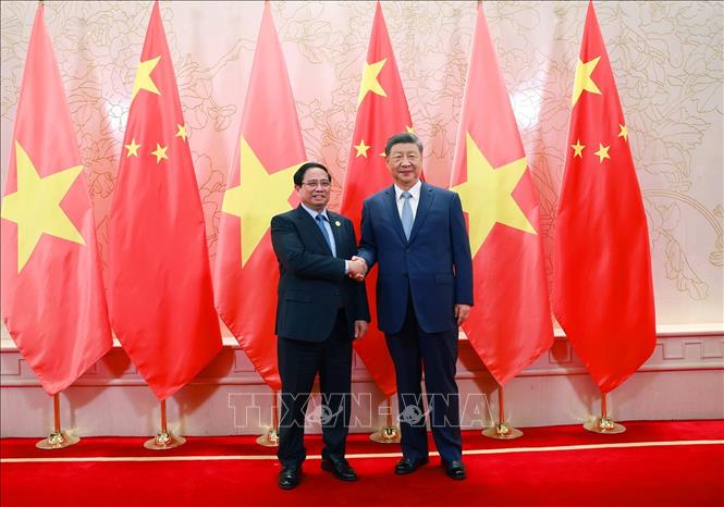 Thủ tướng Phạm Minh Chính hội kiến Tổng Bí thư, Chủ tịch nước Trung Quốc Tập Cận Bình. Ảnh: Dương Giang/TTXVN