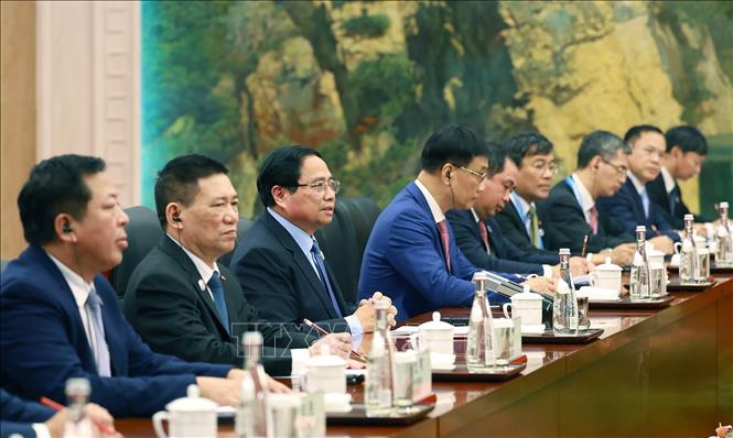 Thủ tướng Phạm Minh Chính phát biểu tại cuộc hội kiến Tổng Bí thư, Chủ tịch nước Trung Quốc Tập Cận Bình. Ảnh: Dương Giang/TTXVN