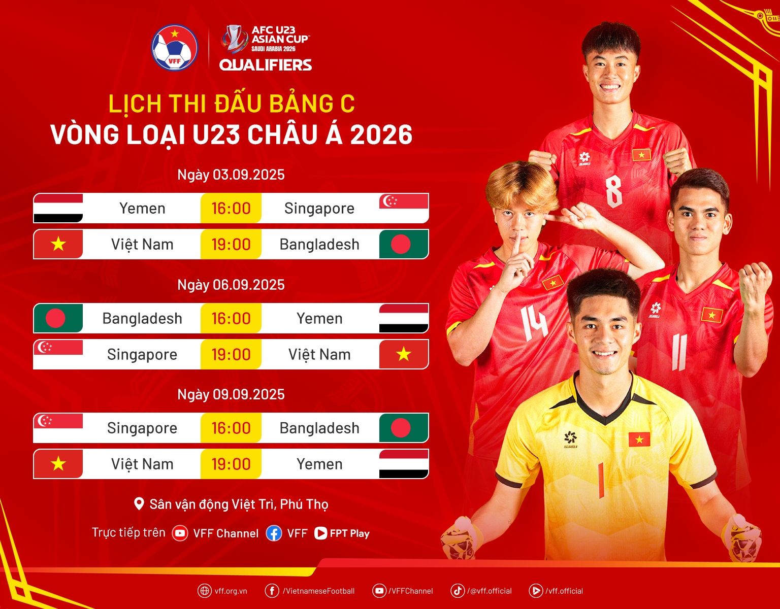 Lịch thi đấu vòng loại bảng C Giải U23 châu Á 2026. Ảnh: VFF. Lịch thi đấu vòng loại bảng C Giải U23 châu Á 2026. Ảnh: VFF.