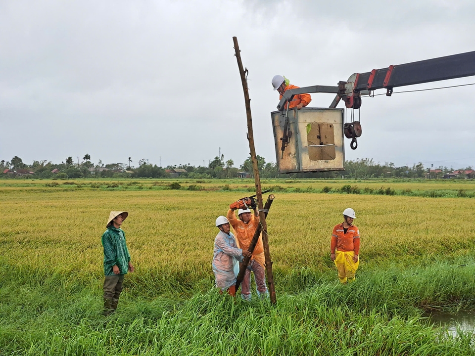 Đội QLĐLKV Cẩm Xuyên phối hợp người dân dựng cột tạm để cấp điện trở lại ngay sau khi bão qua
