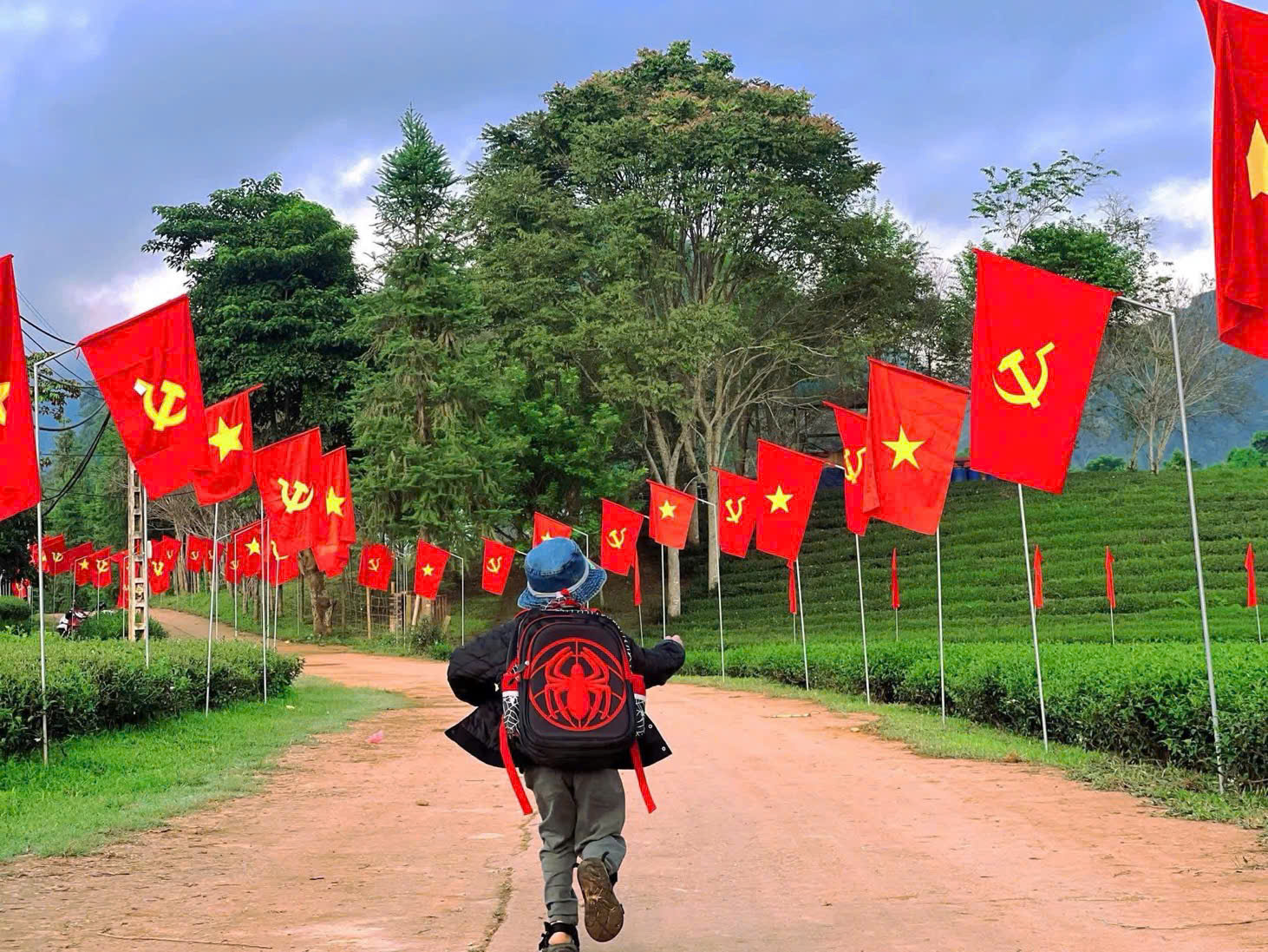 Con đường cờ Tổ Quốc tại đồi chè xã Bình Thuận, tỉnh Sơn La những ngày Quốc khánh 2/9. (Ảnh: Tỉnh đoàn Sơn La)