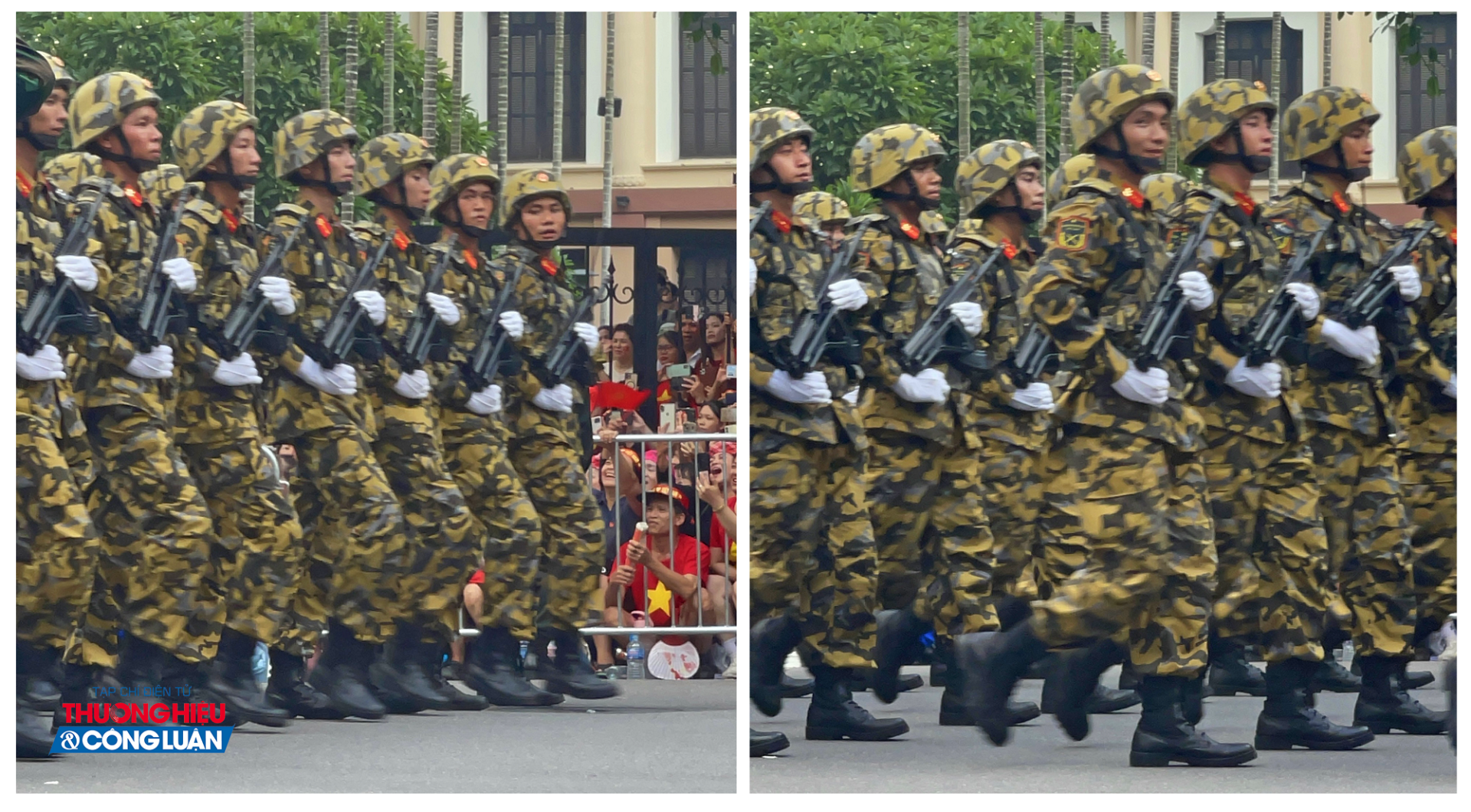 Khối chiến sĩ Công binh khoác trên mình quân phục rằn ri hoa văn in loang với tông vàng sẫm kết hợp nâu, ghi, tím than, cùng trang bị hiện đại như súng có ray gắn kính ngắm ngày đêm, đèn pin chuyên dụng... 1 Khối chiến sĩ Công binh khoác trên mình quân phục rằn ri hoa văn in loang với tông vàng sẫm kết hợp nâu, ghi, tím than, cùng trang bị hiện đại như súng có ray gắn kính ngắm ngày đêm, đèn pin chuyên dụng... 1