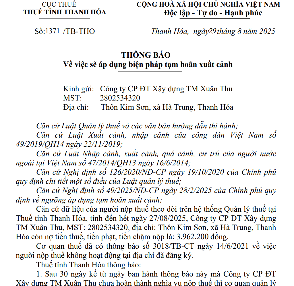 Một phần thông báo về việc sẽ áp dụng biện pháp tạm hoãn xuất cảnh đối với ông Phạm Trung Thu, người đại diện pháp luật Công ty CP ĐT Xây dựng TM Xuân Thu, của Thuế tỉnh Thanh Hóa. Ảnh: Chụp màn hình