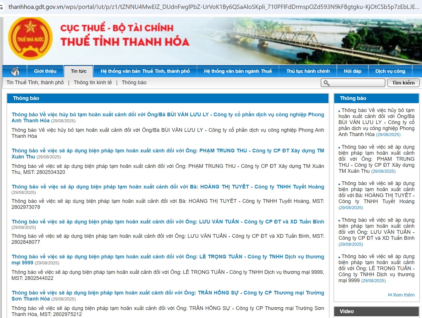 Thông báo về việc sẽ áp dụng biện pháp tạm hoãn xuất cảnh đối với người đại diện pháp luật của các doanh nghiệp nợ thuế quá hạn của Thuế tỉnh Thanh Hóa. Ảnh: Chụp màn hình