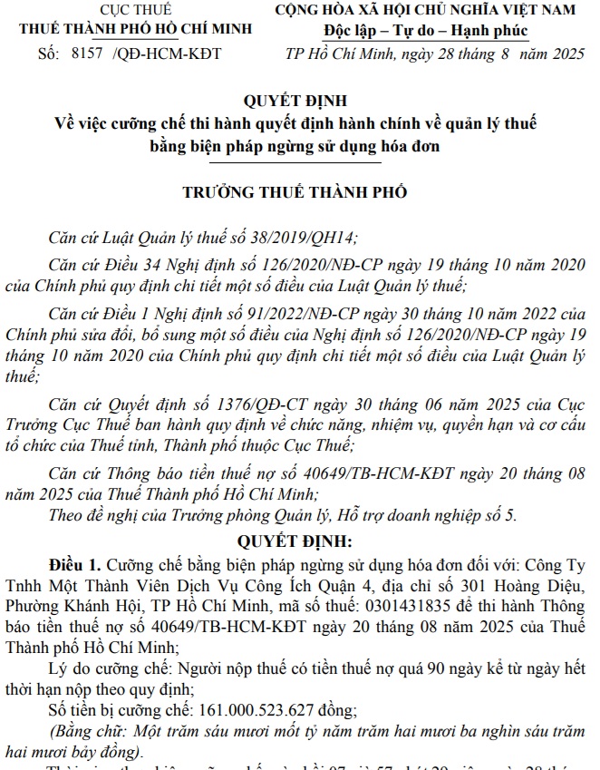 Quyết định cưỡng chế thi hành quyết định hành chính về quản lý thuế đối với Công ty TNHH Một thành viên Dịch vụ Công ích Quận 4