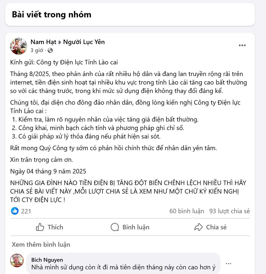 Cảnh báo về việc lan truyền thông tin “copy” kiến nghị liên quan đến tiền điện tháng 8