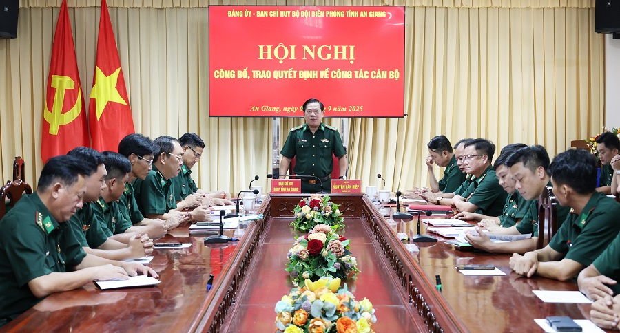 Đại tá Nguyễn Văn Hiệp, Phó Chính ủy Bộ Chỉ huy Quân sự tỉnh, Chính ủy Ban Chỉ huy Bộ đội Biên phòng tỉnh An Giang phát biểu chỉ đạo.
