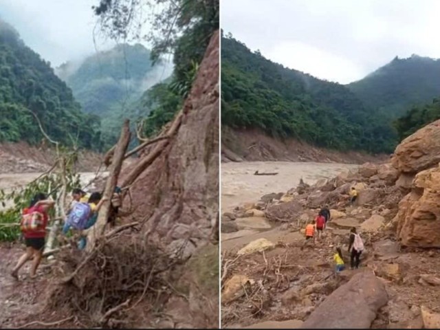 Các em học sinh bản Cha Nga đi bộ men sườn núi rồi kết hợp xuồng máy vượt thác để đến trường.