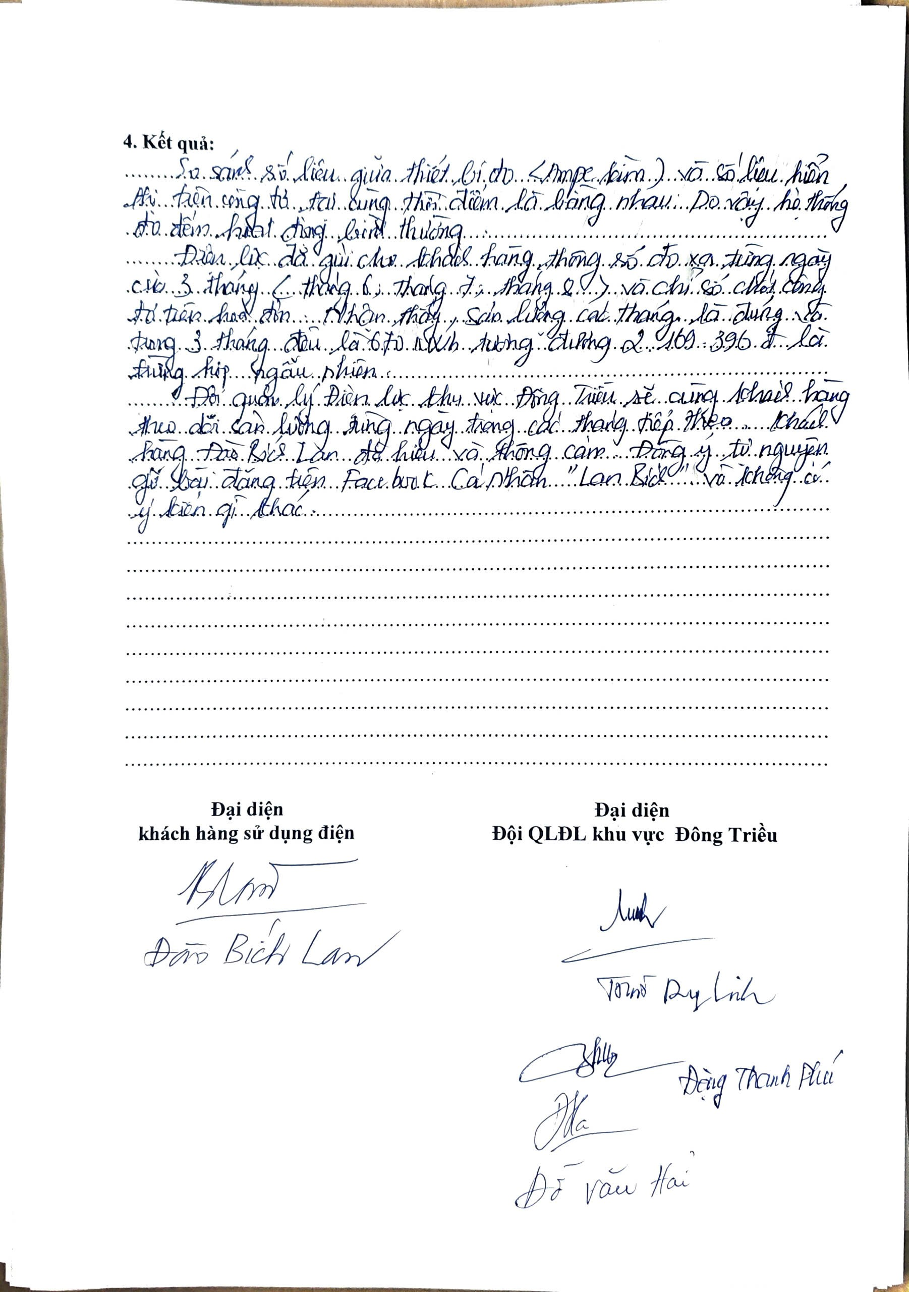 Biên bản làm việc giữa khách hàng và Đội quản lý Điện lực khu vực Đông Triều (PC Quảng Ninh)