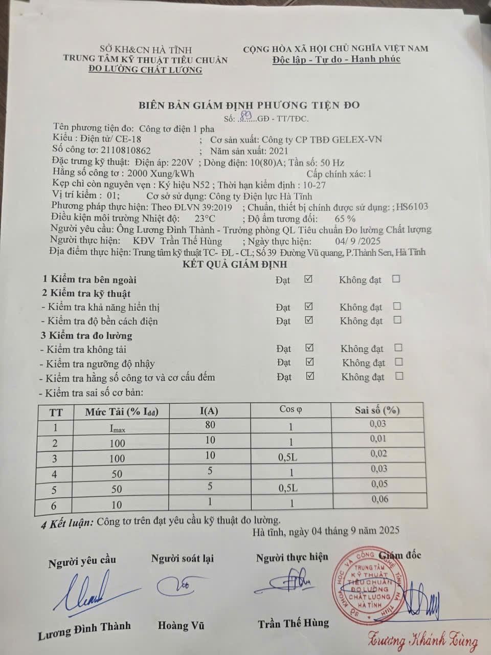 Kết quả giám định công tơ một số khách hàng có hóa đơn tăng