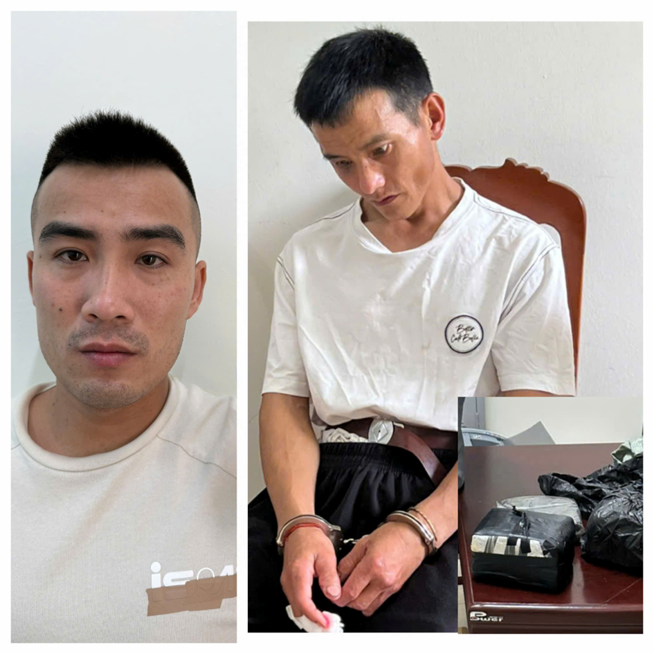 Đối tượng Lê Mạnh Linh (bên trái), Tràng A Sía (bên phải) và một số tang vật của vụ án