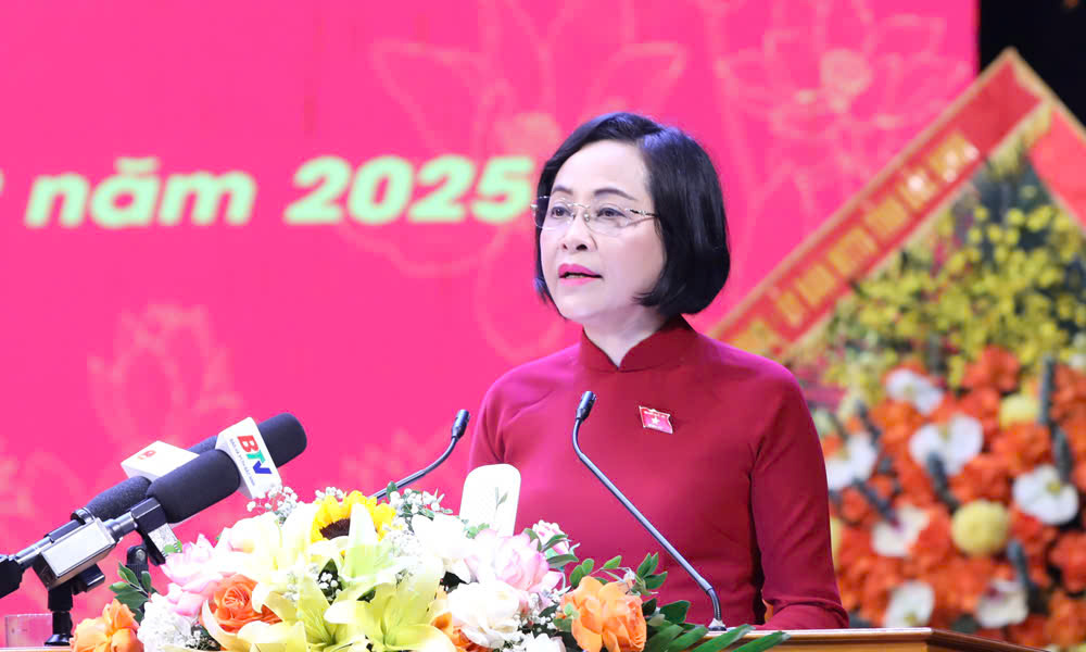 Đồng chí Nguyễn Thị Thanh, Phó Chủ tịch Quốc hội phát biểu tại buổi gặp mặt.