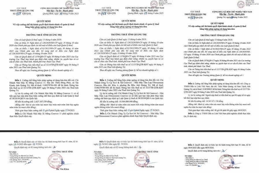Quyết định cưỡng chế thuế bằng biện pháp ngừng sử dụng hóa đơn đối với 3 doanh nghiệp trên địa bàn tỉnh Quảng Trị do có tiền thuế nợ quá 90 ngày kể từ ngày hết thời hạn nộp theo quy định.