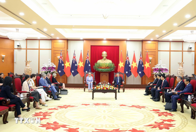 Tổng Bí thư Tô Lâm tiếp Toàn quyền Australia Sam Mostyn thăm cấp Nhà nước tới Việt Nam. (Ảnh: Thống Nhất/TTXVN)