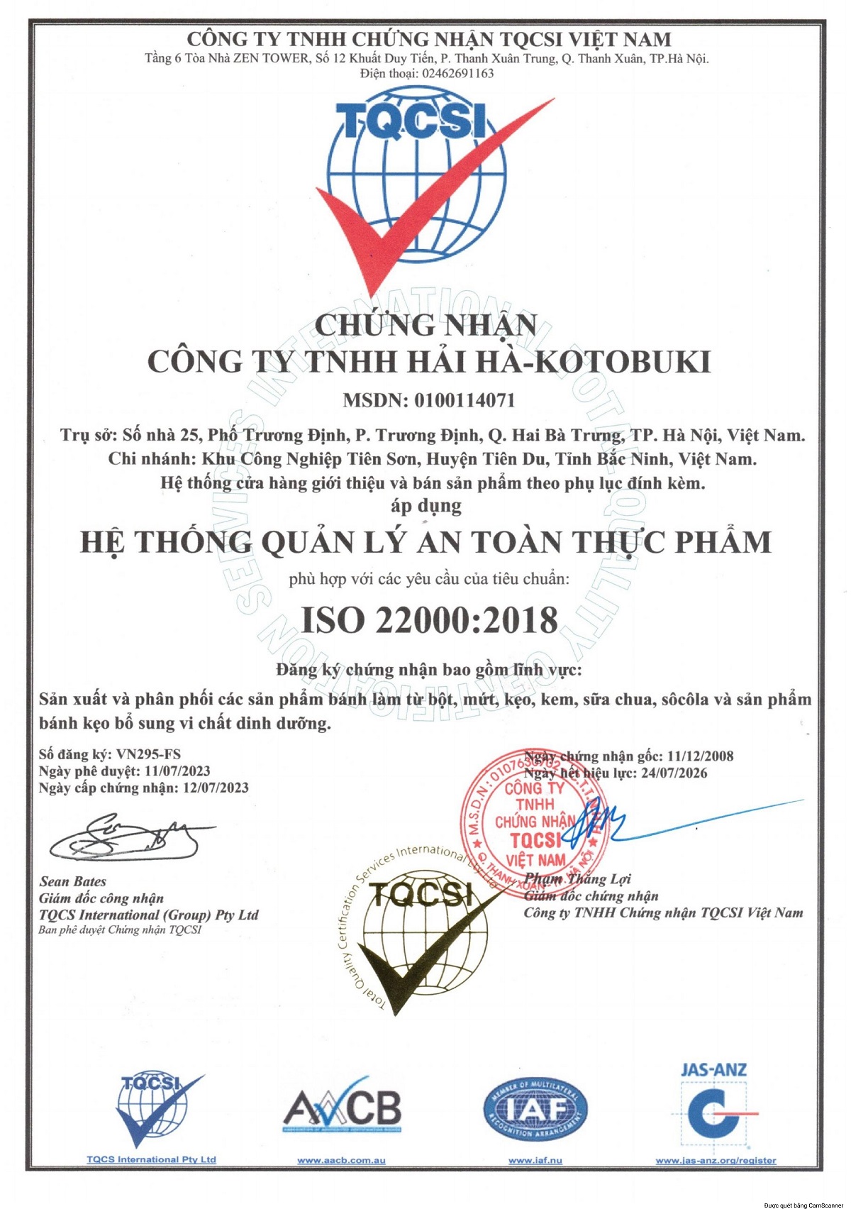Giấy chứng nhận ISO 22000:2018 của Hải Hà – Kotobuki, khẳng định tiêu chuẩn quốc tế về an toàn thực phẩm. Giấy chứng nhận ISO 22000:2018 của Hải Hà – Kotobuki, khẳng định tiêu chuẩn quốc tế về an toàn thực phẩm.