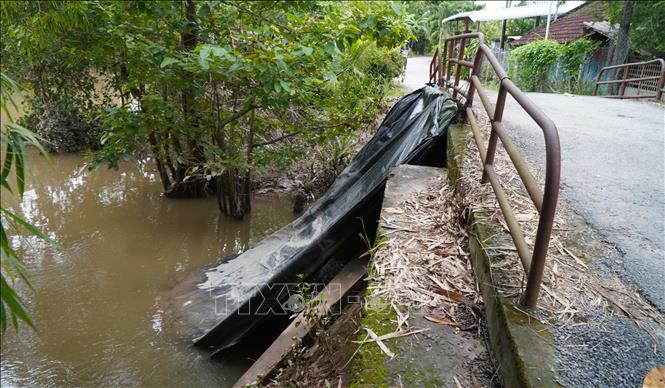 Nắp cống hở Hai Nhung ở xã Phong Hòa (tỉnh Đồng Tháp) được gia cố tạm thời để ứng phó với triều cường, bảo vệ diện tích đất sản xuất nông nghiệp. Ảnh: Nhựt An/TTXVN