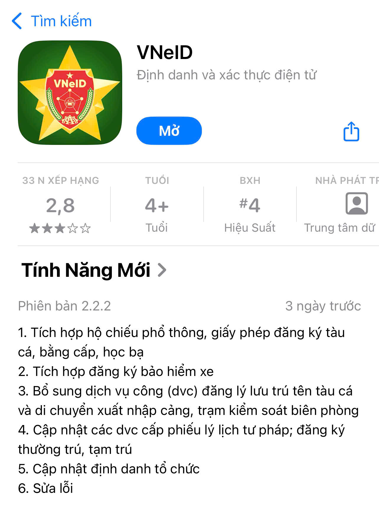 Ứng dụng VNeID vừa có bản cập nhật 2.2.2. Ảnh chụp màn hình.