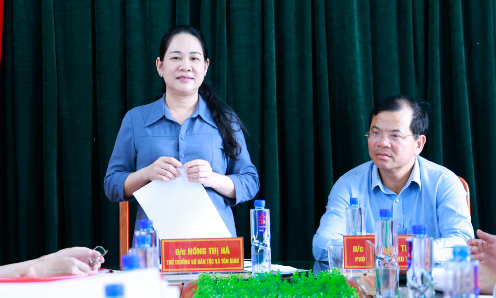 đồng chí Nông Thị Hà, Thứ trưởng Bộ Dân tộc và Tôn giáo phát biểu tại buổi làm việc.