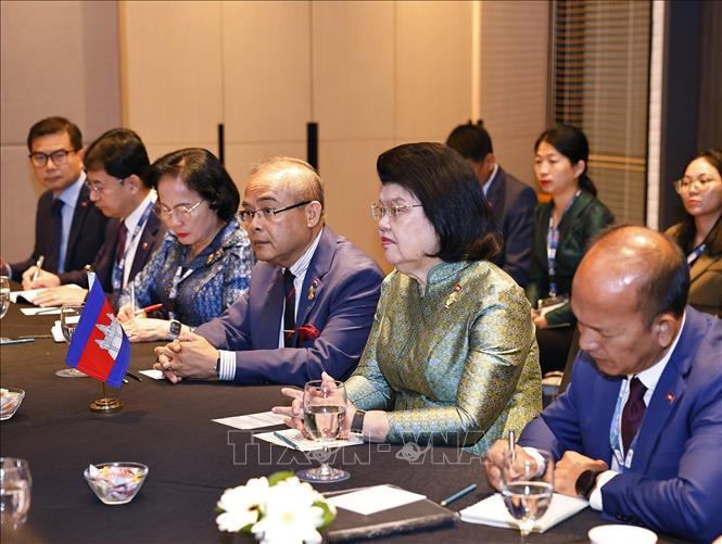 Chủ tịch Quốc hội Campuchia Samdech Maha Rathsaphethika Thipadei Khuon Sudary phát biểu. Ảnh: Doãn Tấn/TTXVN