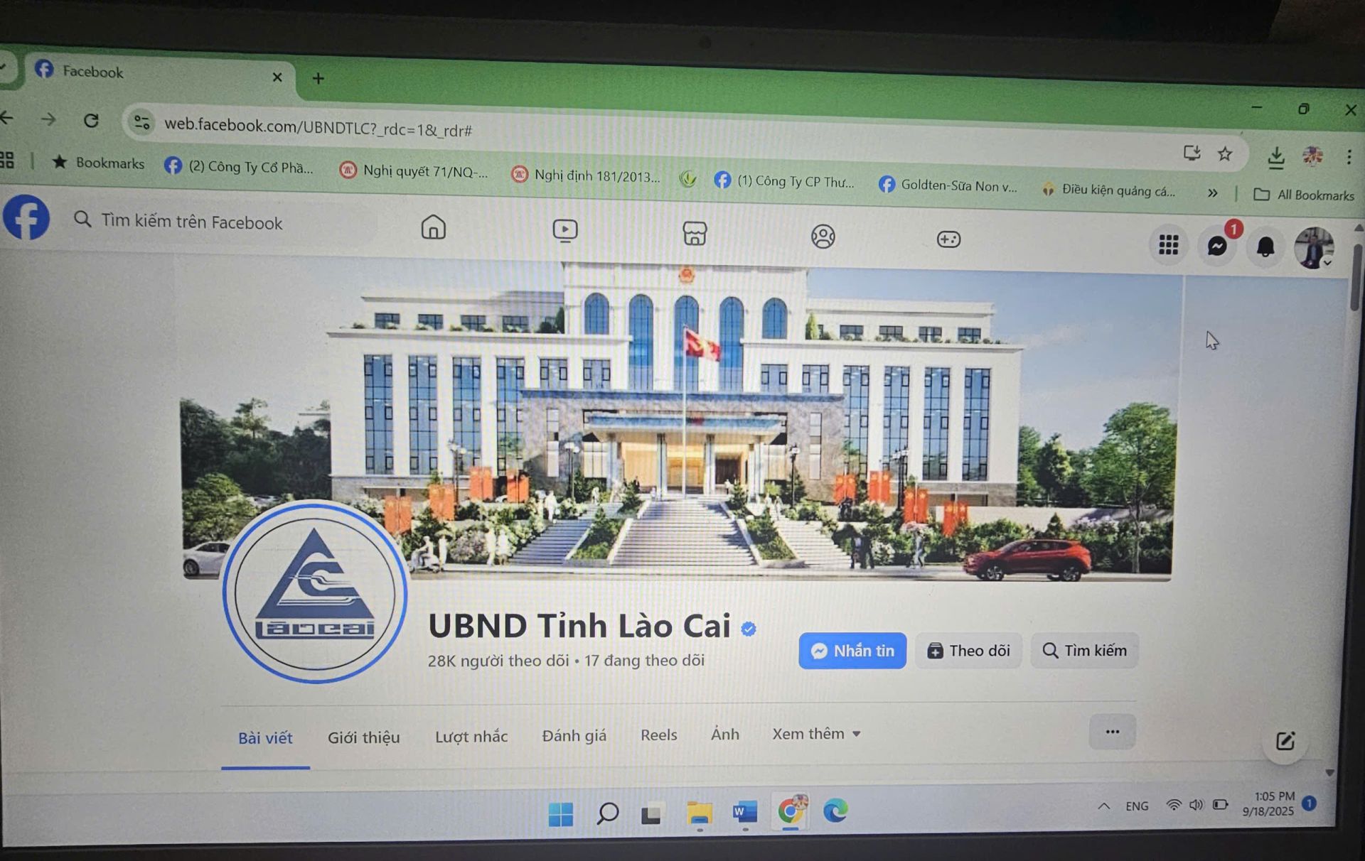 Giao diện trang mạng xã hội (Fanpage) chính thức của UBND tỉnh trên Facebook