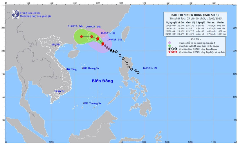 Bản đồ dự báo quỹ đạo và cường độ bão phát lúc 5 giờ sáng 19/9/2025. (Ảnh: Trung tâm Dự báo khí tượng thủy văn quốc gia)
