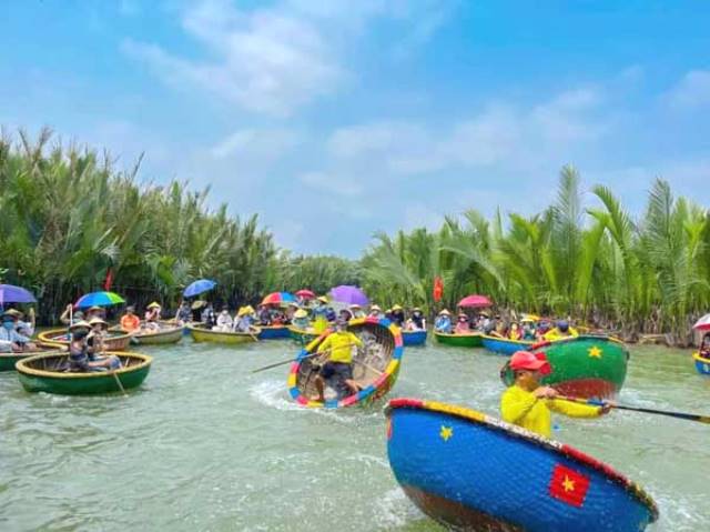 Khám phá Cẩm Thanh trên chiếc thuyền thúng lướt nhẹ qua rừng dừa Bảy Mẫu và chứng kiến những người lái đò địa phương quăng chài là trải nghiệm khó quên.