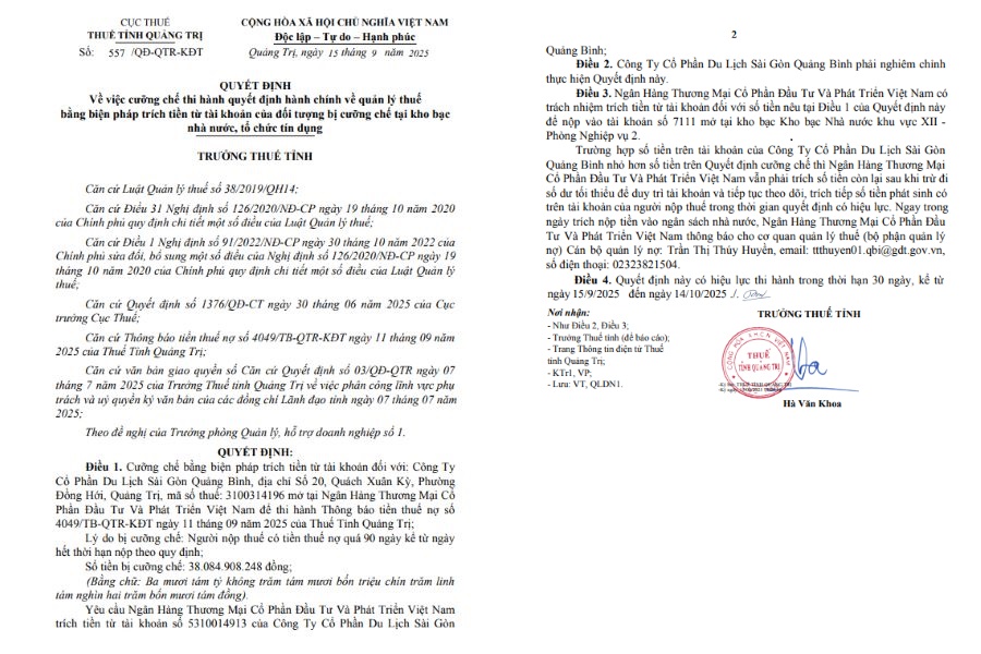 Quảng Trị: Một doanh nghiệp bị cưỡng chế thuế bằng biện pháp trích tiền từ tài khoản ngân hàng