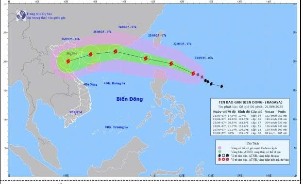 Bản đồ dự báo quỹ đạo và cường độ bão RAGASA phát lúc 08h00 ngày 21/9/2025