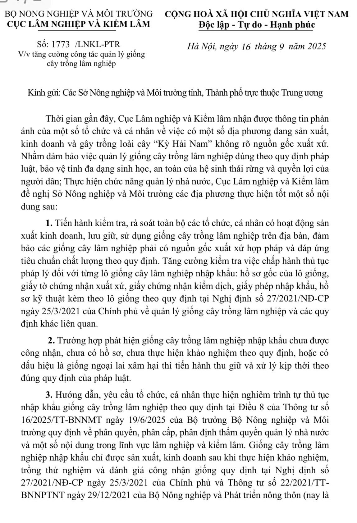Một phần văn bản của Cục Lâm nghiệp và Kiểm lâm (Bộ Nông nghiệp và Môi trường). Ảnh: Tùng Nguyễn