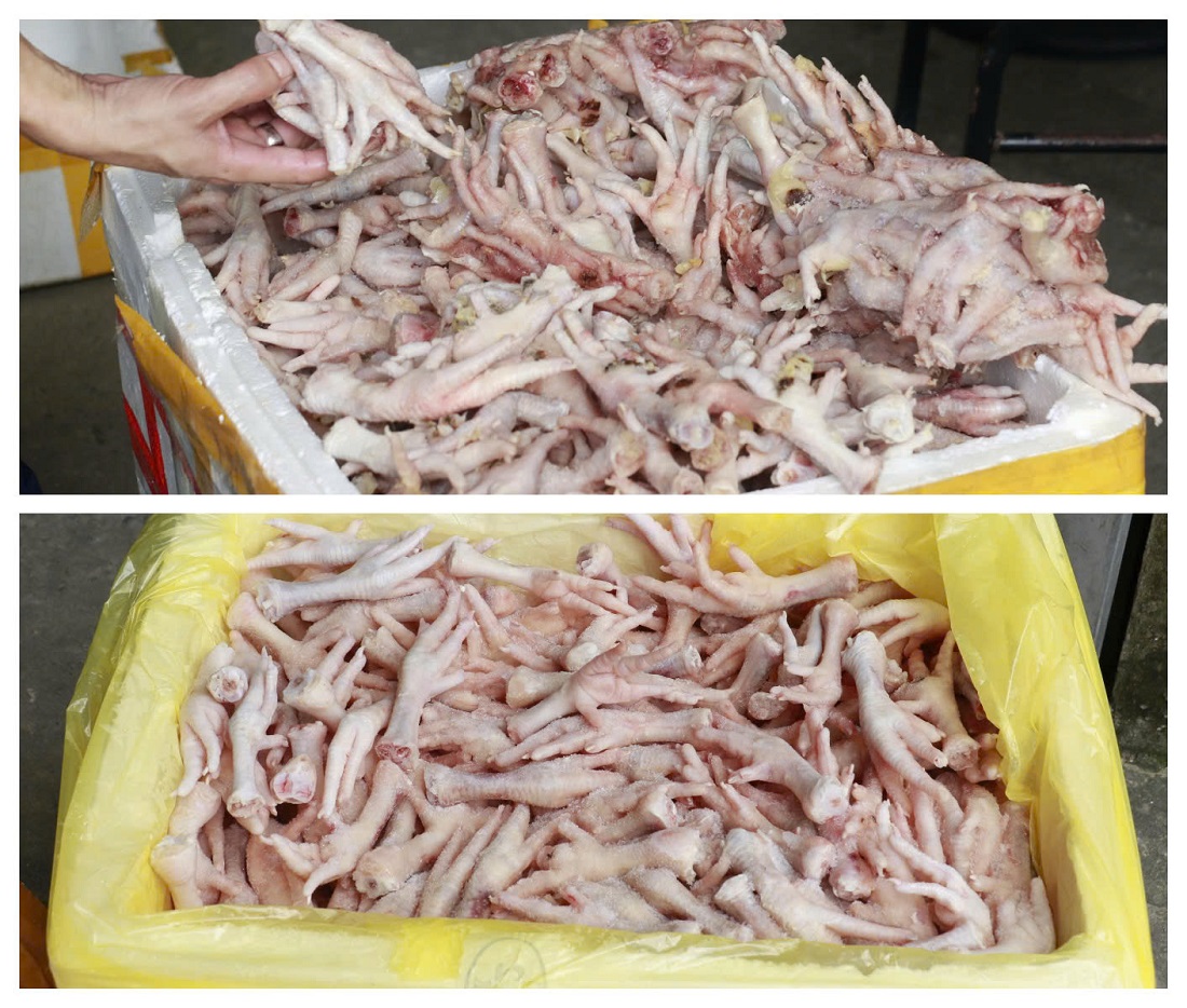 Cận cảnh số chân gà đông lạnh không rõ nguồn gốc bị lực lượng chức năng phát hiện. (Ảnh: Công an tỉnh Nghệ An)