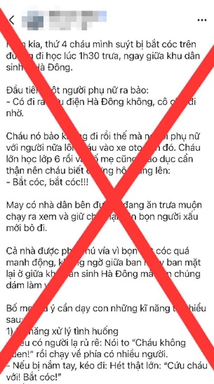 Công an TP. Hà Nội cho biết: Thông tin học sinh lớp 6 trường THCS Trần Đăng Ninh suýt bị bắt cóc, đăng tải trên mạng xã hội, là sai sự thật. Ảnh: Công an TP. Hà Nội