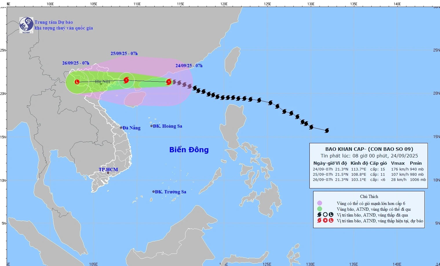 Dự báo đường đi và cường độ bão số 9 phát lúc 8h ngày 24/9/2025. Dự báo đường đi và cường độ bão số 9 phát lúc 8h ngày 24/9/2025.