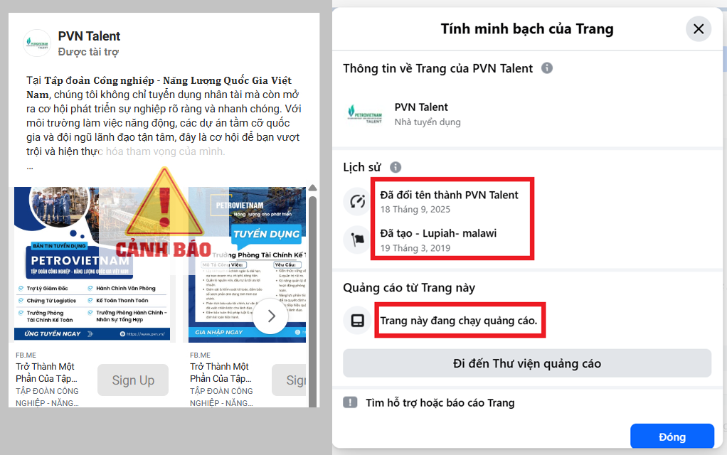 Fanpage giả mạo có tên “PVN Talent” đang chạy quảng cáo dày đặc thông tin tuyển dụng