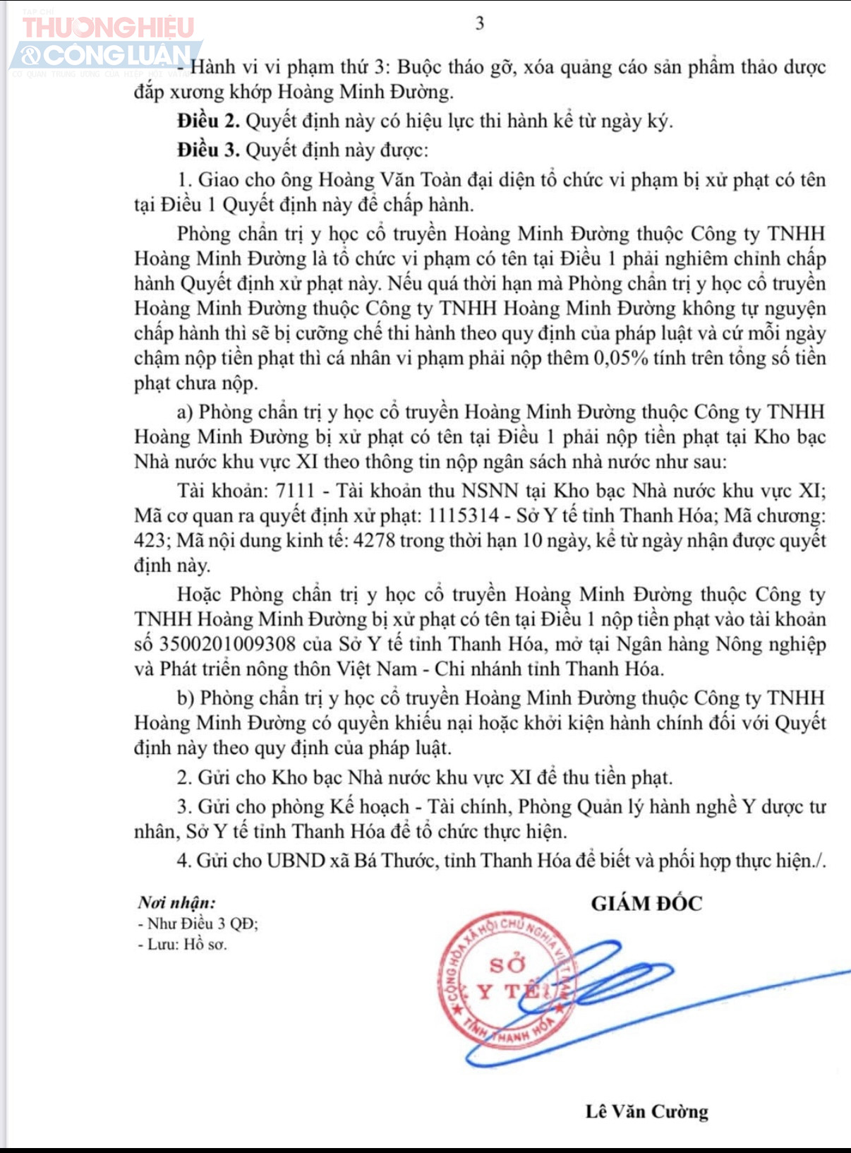 Giám đốc Sở Y tế Thanh Hóa ký quyết định xử phạt vi phạm hành chính đối với Phòng chẩn trị y học cổ truyền Hoàng Minh Đường thuộc Công ty TNHH Hoàng Minh Đường.