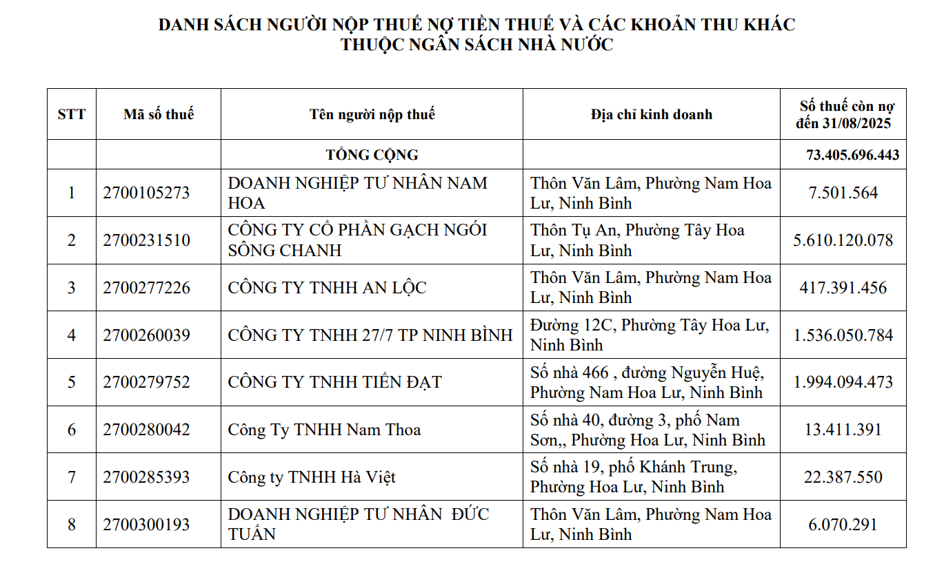 Một phần danh sách 119 người nộp thuế nợ tiền thuế và các khoản thu khác thuộc ngân sách nhà nước, do Thuế cơ sở 1 tỉnh Ninh Bình công bố. Ảnh: Chụp màn hình Một phần danh sách 119 người nộp thuế nợ tiền thuế và các khoản thu khác thuộc ngân sách nhà nước, do Thuế cơ sở 1 tỉnh Ninh Bình công bố. Ảnh: Chụp màn hình