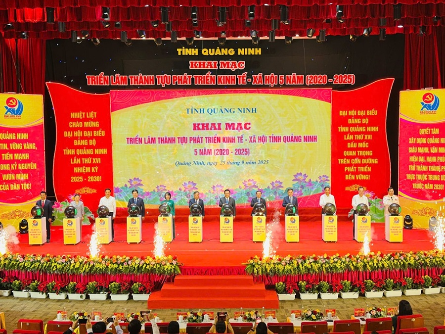 Các đại biểu bấm nút khai mạc triển lãm.