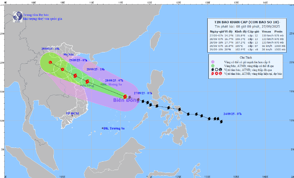 Cập nhật vị trí và đường đi của bão số 10 (bão Bualoi) vào 8 giờ ngày 27/9. Cập nhật vị trí và đường đi của bão số 10 (bão Bualoi) vào 8 giờ ngày 27/9.