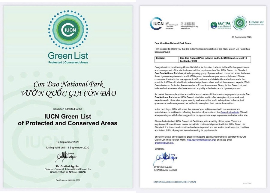 Giấy chứng nhận Vườn quốc gia Côn Đảo chính thức được Liên minh Bảo tồn Thiên nhiên Quốc tế (IUCN) công nhận Danh lục xanh giai đoạn 2025 - 2030. Ảnh: Vườn quốc gia Côn Đảo. Giấy chứng nhận Vườn quốc gia Côn Đảo chính thức được Liên minh Bảo tồn Thiên nhiên Quốc tế (IUCN) công nhận Danh lục xanh giai đoạn 2025 - 2030. Ảnh: Vườn quốc gia Côn Đảo.