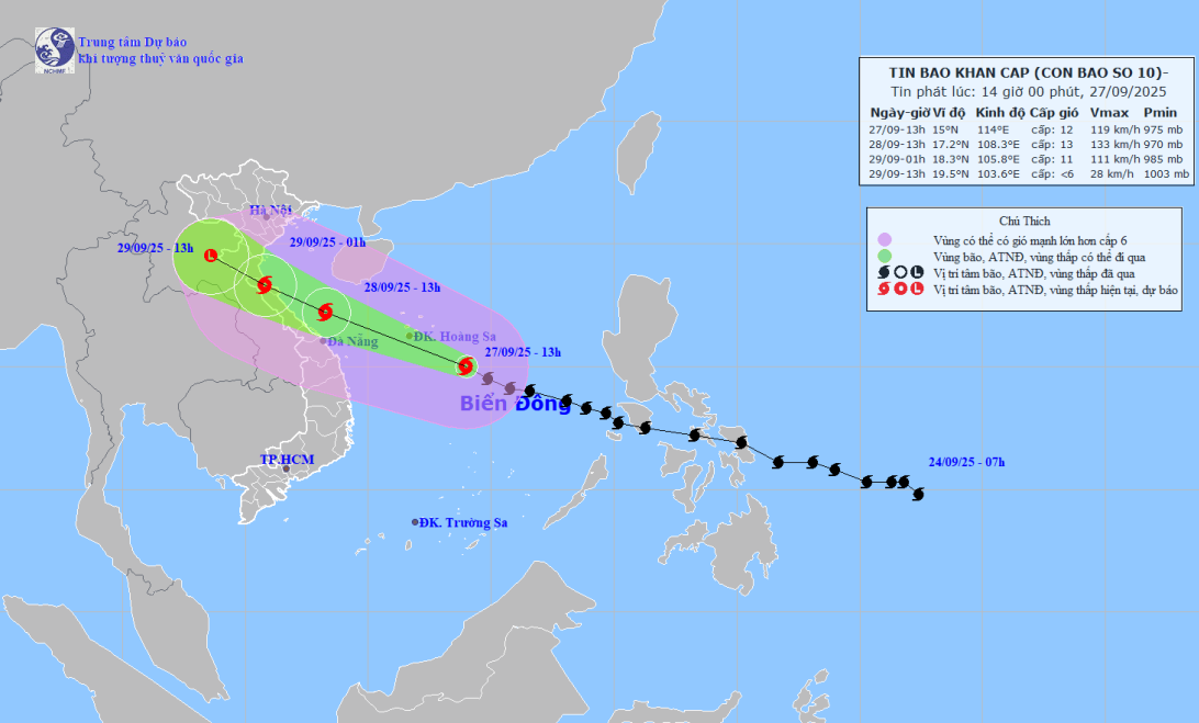 Hướng đi của bão BUALOI (bão số 10) trong bản tin mới nhất hôm nay. Ảnh: nchmf.